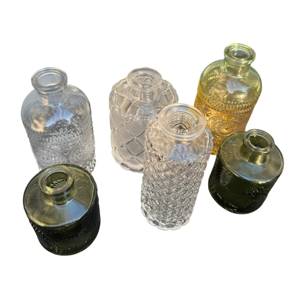 Wildmos Home Decor Assorted Glass Bud Vases Set of 6 Green Amber Clear Textured